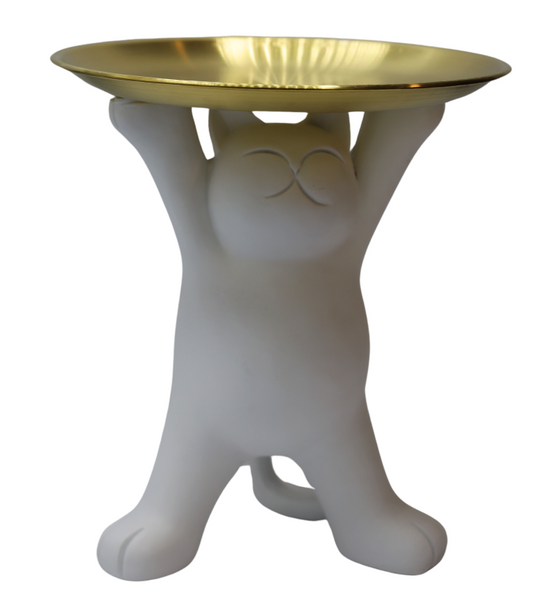 Figurină pisică cu tavă din alamă, ornament decorativ pentru interior și cadou elegant