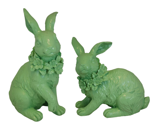 Iepure decorativ verde din rășină, 14,5x11,5x23,5cm, ornament de Paște și decor vesel.
