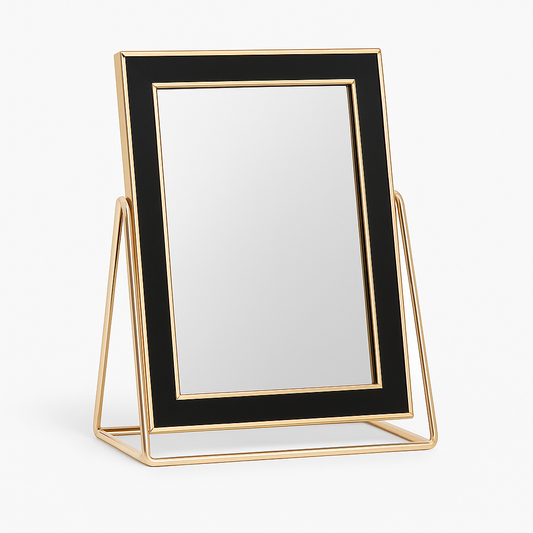 Oglindă birou metalică negru auriu 16,5x22x10 cm, accesoriu elegant pentru machiaj, coafură și decor rafinat pentru casă