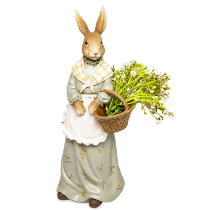 Figurină decorativă iepuraș cu coș de flori, simbol al primăverii, gingășiei și sărbătorilor de Paște. Este ideală pentru decorul casei sau mese festive și aduce un aer cald și vesel. Perfectă ca dar de sezon pentru familie sau copii.