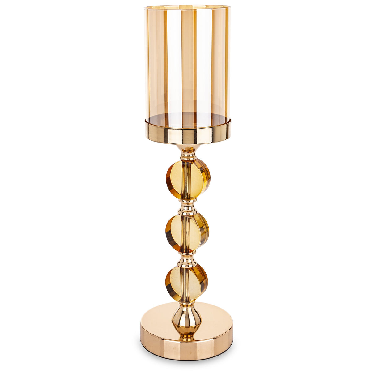 Sfeșnic decorativ elegant cu structură aurie și 3 discuri din sticlă fumurie, conceput pentru a crea un efect vizual sofisticat și modern. Lumina lumânărilor se reflectă subtil în discurile fumurii, oferind o atmosferă caldă, luxoasă și rafinată. Este ideal pentru living, dining sau evenimente speciale și reprezintă un cadou perfect pentru casă nouă, aniversări sau decor premium de sărbători.