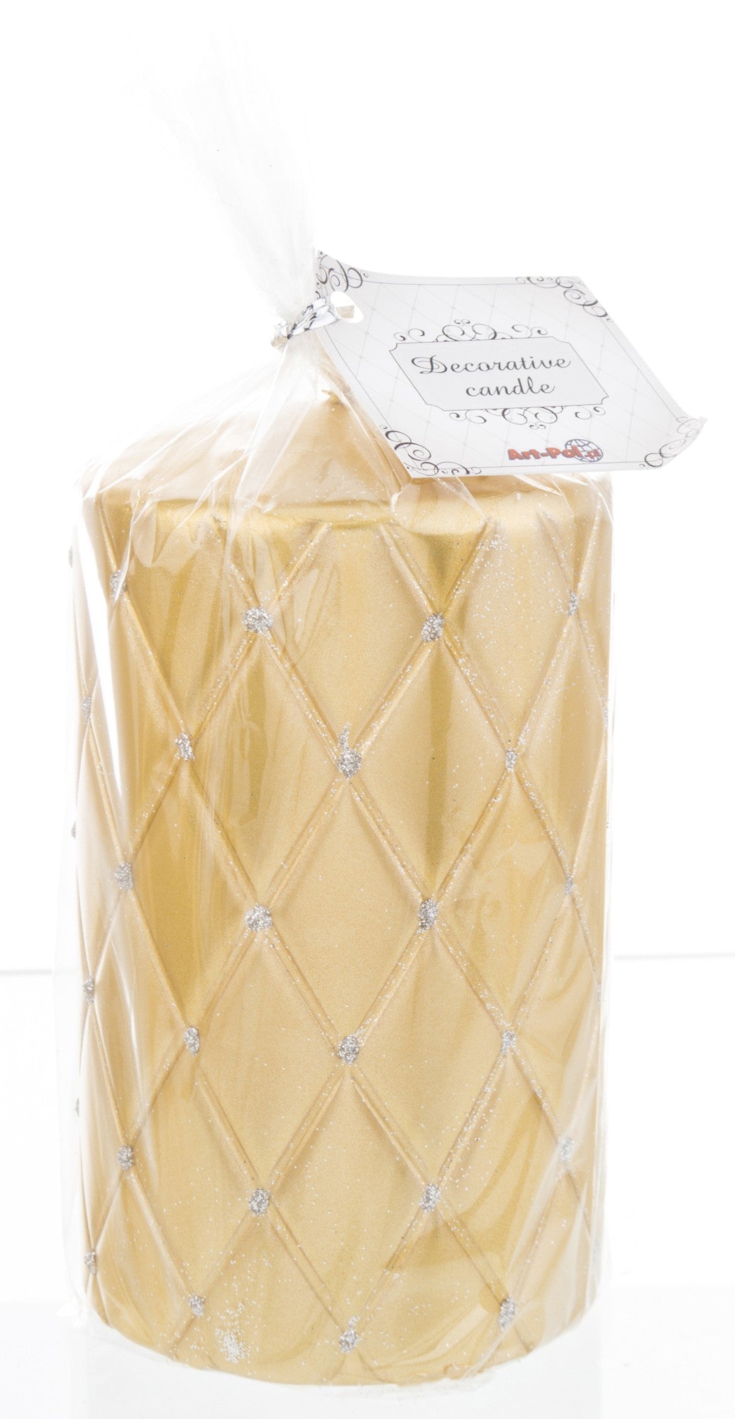 Lumânare aurie decorativă cu sclipici pentru masa de Crăciun, living, aranjamente festive și compoziții elegante de iarnă, potrivită și pentru cadouri