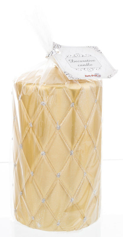 Lumânare aurie decorativă cu sclipici pentru masa de Crăciun, living, aranjamente festive și compoziții elegante de iarnă, potrivită și pentru cadouri