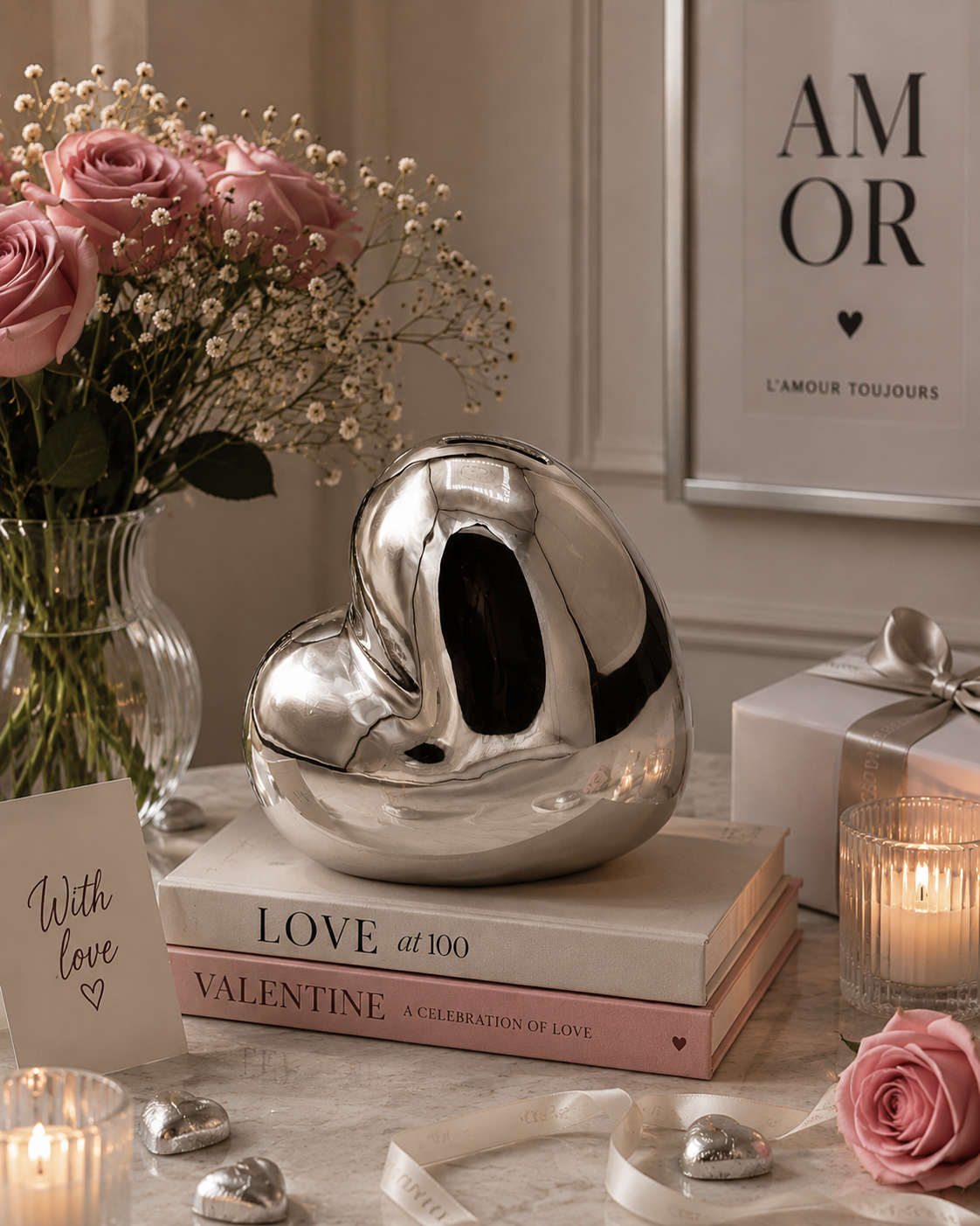 Pușculiță ceramică argintie inimă mare, obiect decorativ pentru decor și economii, prezentat ca accent pentru locuință