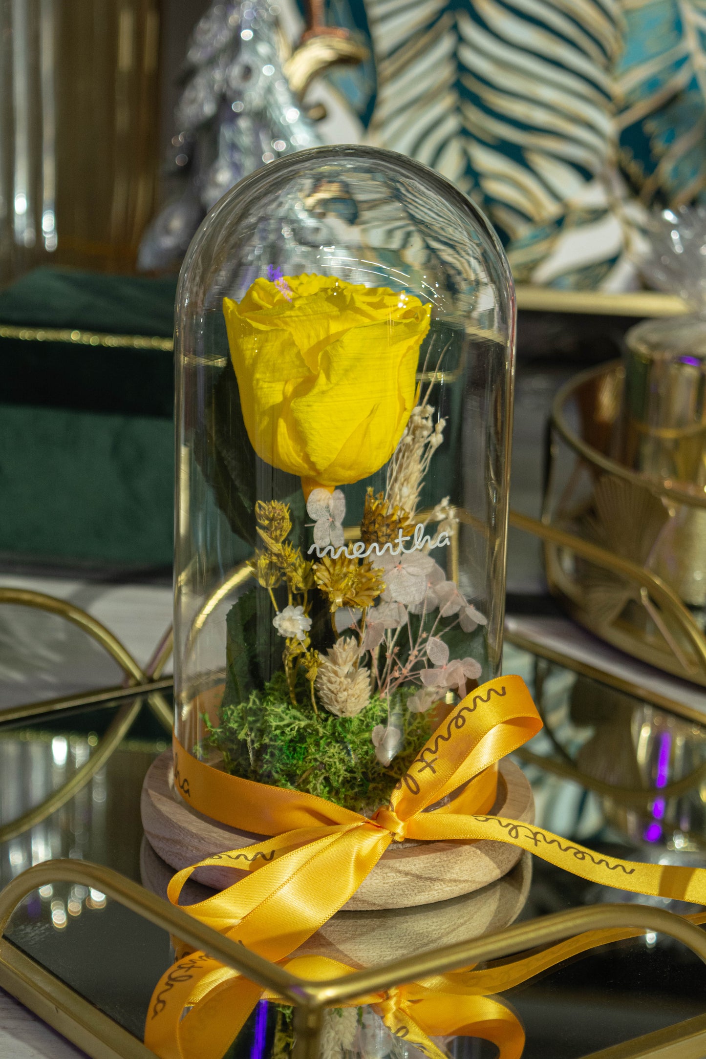 Trandafir criogenat galben ⌀8cm în cupola de sticlă 12x21cm