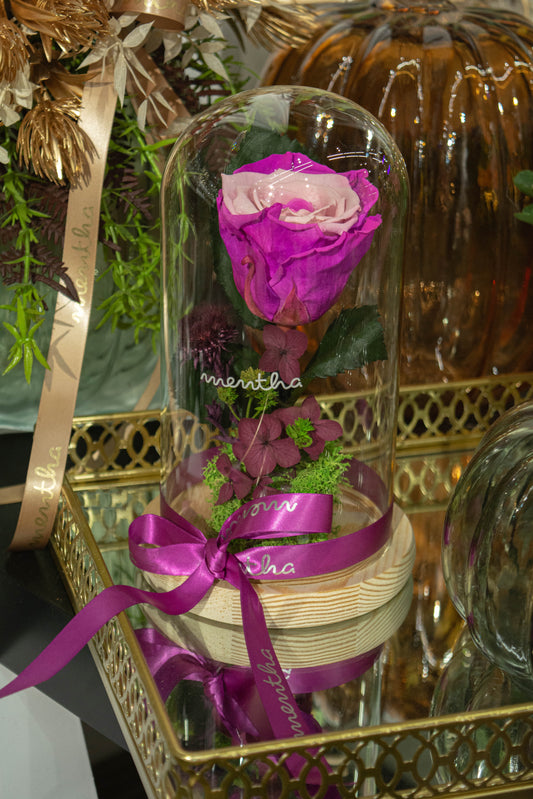 Trandafir criogenat mov șatirat ⌀8cm în cupola de sticlă 12x21cm
