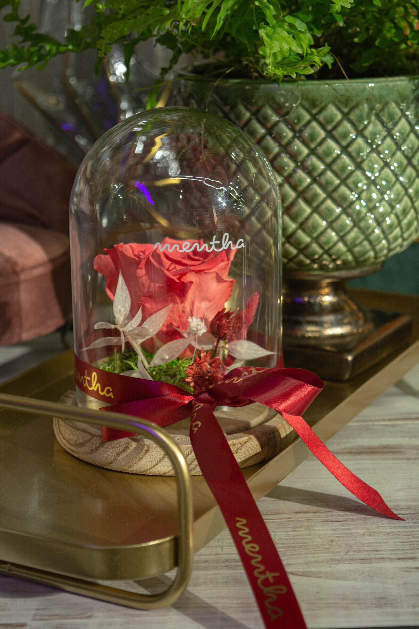 Trandafir criogenat corai ⌀8cm în cupola de sticlă 12x17cm