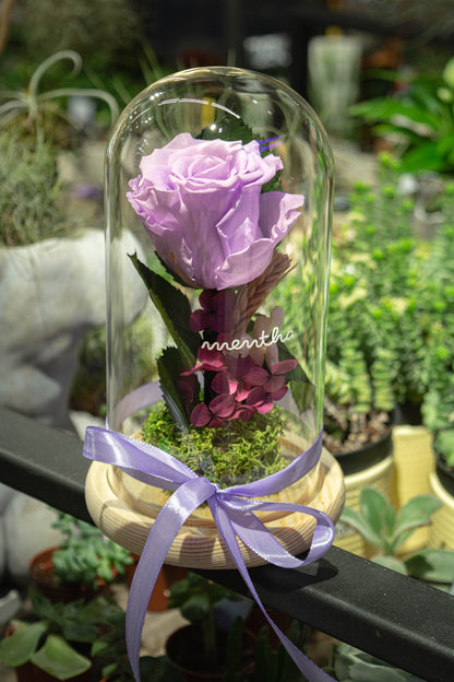 Trandafir criogenat lavandă ⌀8cm în cupola de sticlă 12x21cm