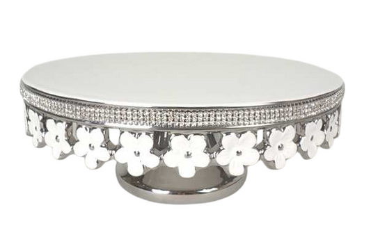 Platou ceramic alb-argintiu 28x28x11 cm cu flori și pietre, ideal pentru decor și cadou elegant