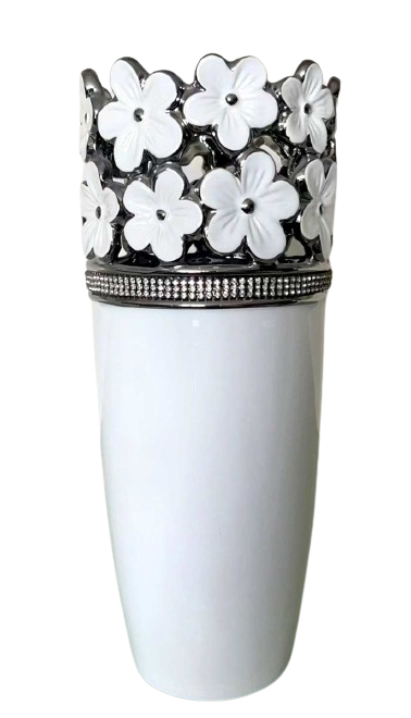 Vază ceramică alb argintiu cu flori și pietre 13x13x30 cm, cadou și decor elegant, mentha - flori, cadouri și decorațiuni