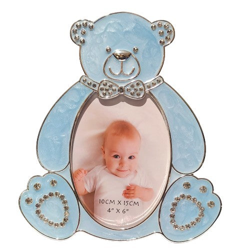 Ramă foto din alamă ursuleț albastru mare 21x18 cm, decor elegant pentru poze și cadou pentru familie
