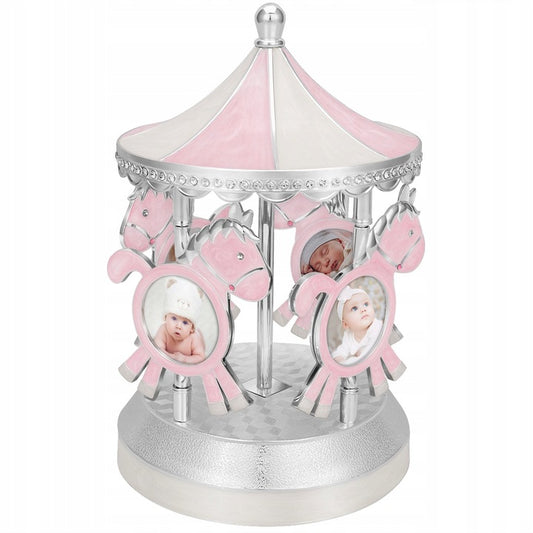 Carusel muzical din alamă roz 13,5x19,5 cm cu suport pentru poze, decor muzical și cadou pentru copii