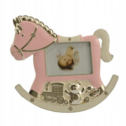 Ramă foto alamă căluț roz 18 cm, ornament decorativ și cadou pentru fotografii speciale.