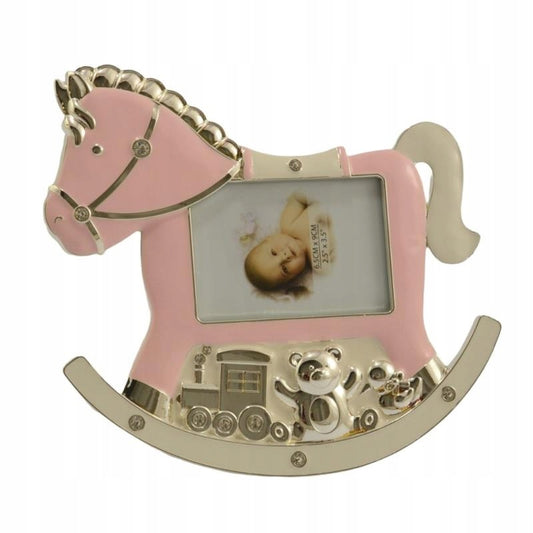 Ramă foto alamă căluț roz 18 cm, ornament decorativ și cadou pentru fotografii speciale.