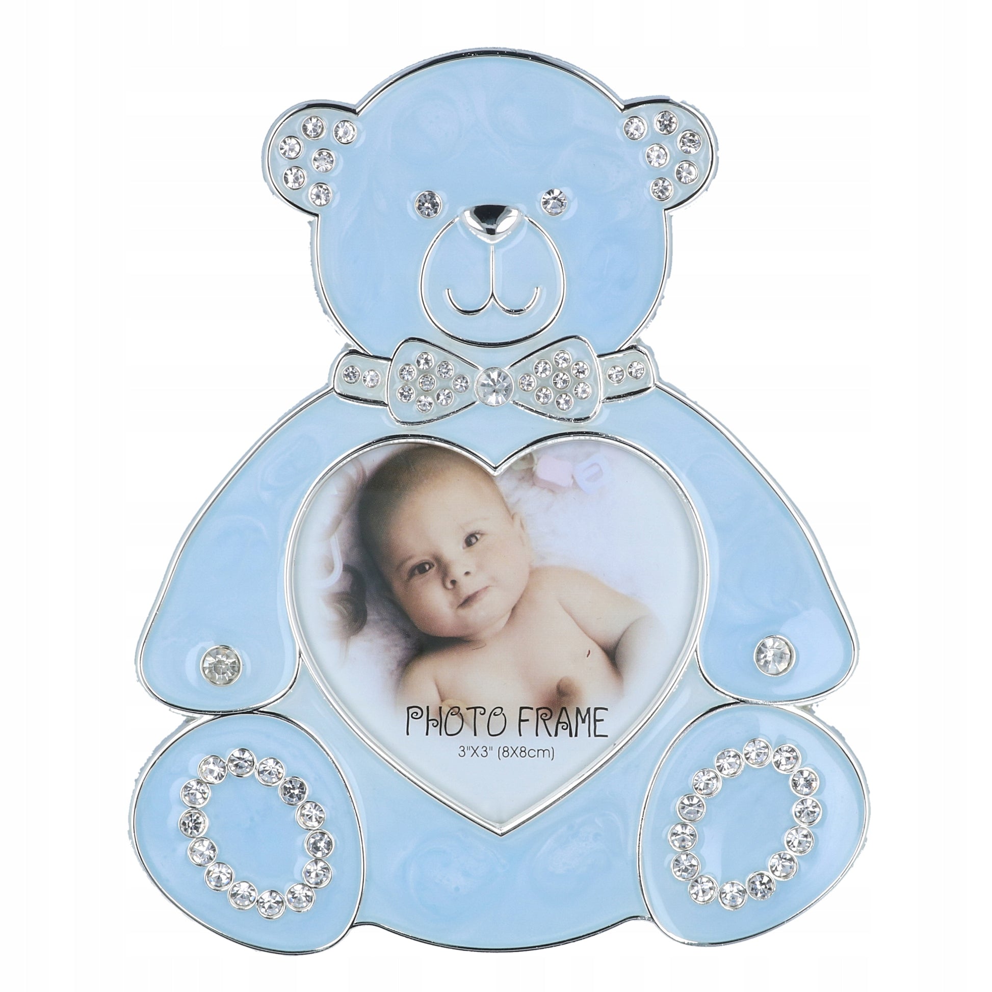 Ramă foto alamă ursuleț albastru mică 8x15 cm, suport poze decorativ pentru birou sau noptieră, cadou pentru copii