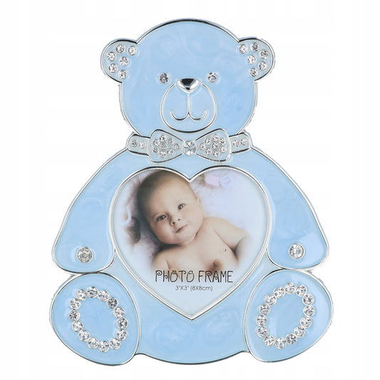 Ramă foto alamă ursuleț albastru mică 8x15 cm, suport poze decorativ pentru birou sau noptieră, cadou pentru copii