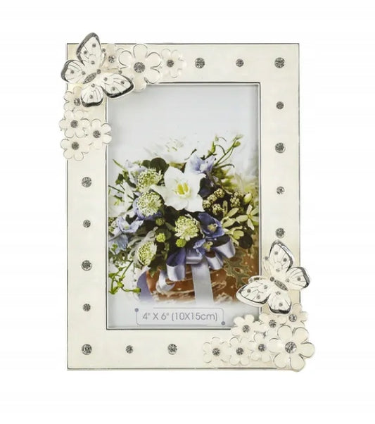 Ramă foto alamă perlată cu fluturi 22,5x19,5 cm, suport elegant pentru poze și cadou decorativ