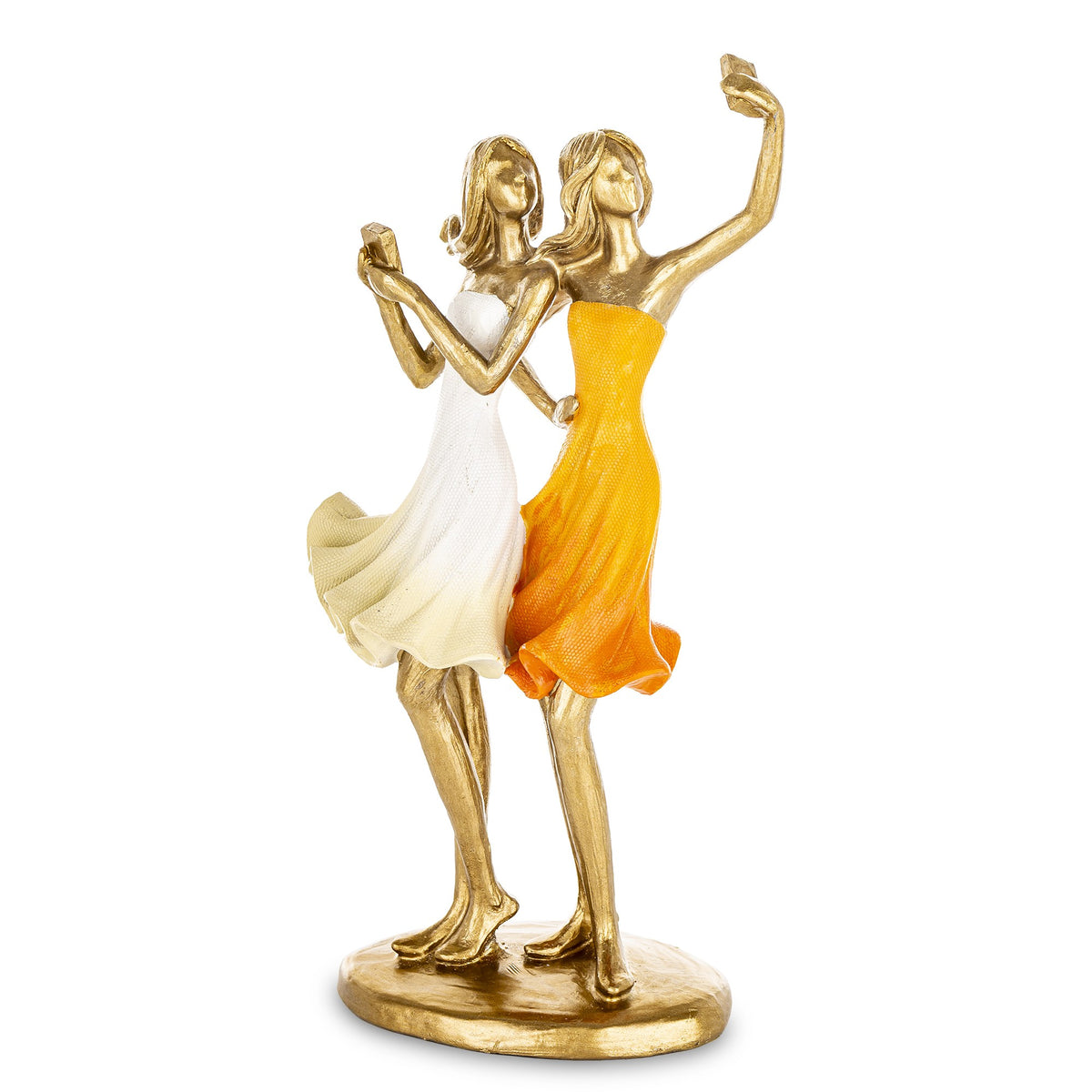 Figurină decorativă două prietene care își fac selfie, simbol al prieteniei, bucuriei și momentelor împărtășite. Este o piesă modernă și amuzantă, perfectă pentru decorul camerei, biroului sau spațiilor creative. Ideală ca dar pentru prietene apropiate, aniversări sau ocazii speciale.