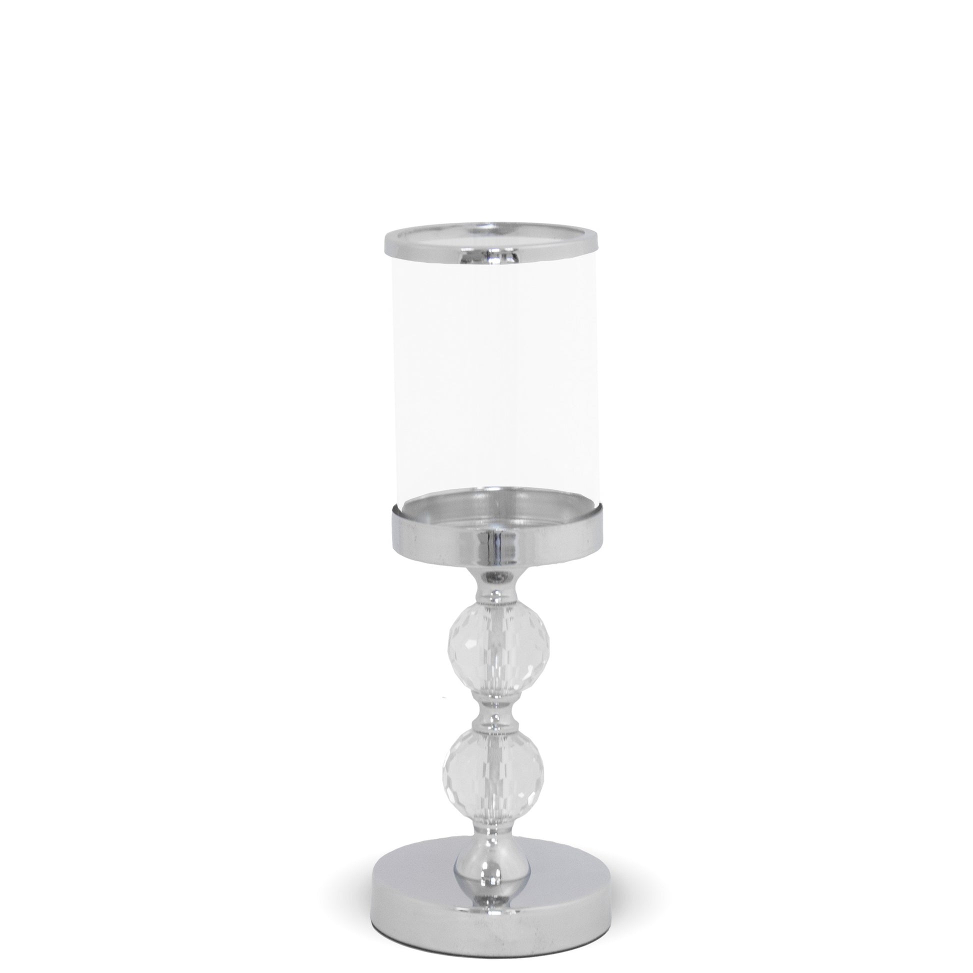 Sfeșnic argintiu cu 2 bile cristal 34 cm, ornament decorativ sofisticat și elegant.