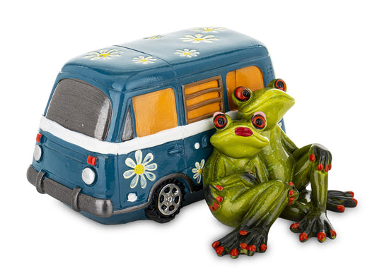 Figurină broaște în camper din rășină, ornament decorativ amuzant, cadou original pentru iubitorii de camping