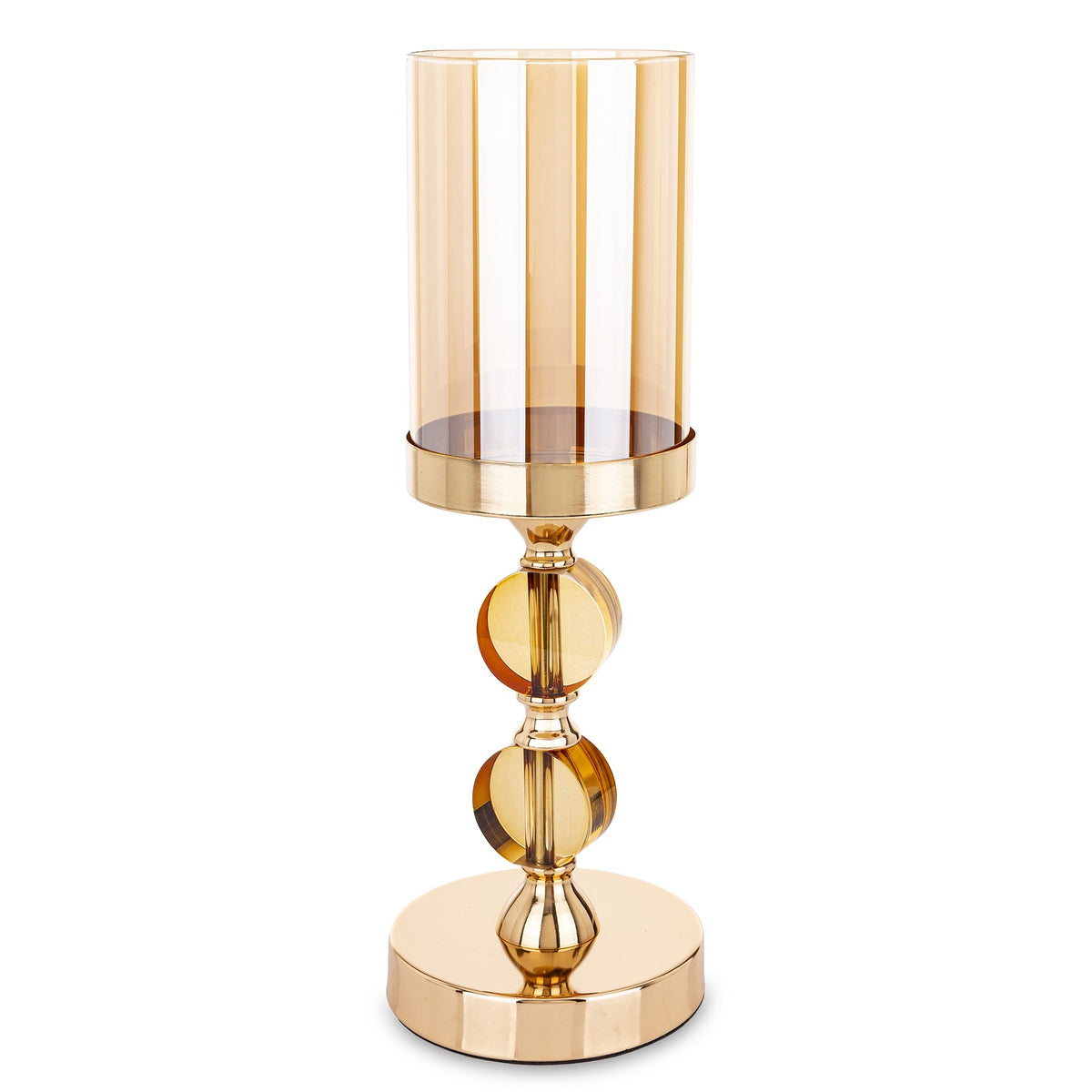 Sfeșnic decorativ elegant cu structură aurie și 2 discuri din sticlă fumurie, creat pentru a adăuga rafinament și lumină ambientală oricărui spațiu. Jocul dintre metalul auriu și sticla fumurie creează un efect vizual sofisticat și modern. Este ideal pentru living, dining sau evenimente speciale și reprezintă un cadou premium pentru casă nouă, aniversări sau decor festiv elegant.