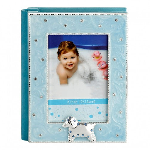 Album foto albastru 13x17 cm din alamă și catifea pentru 80 de poze, cadou elegant și decorativ pentru amintiri