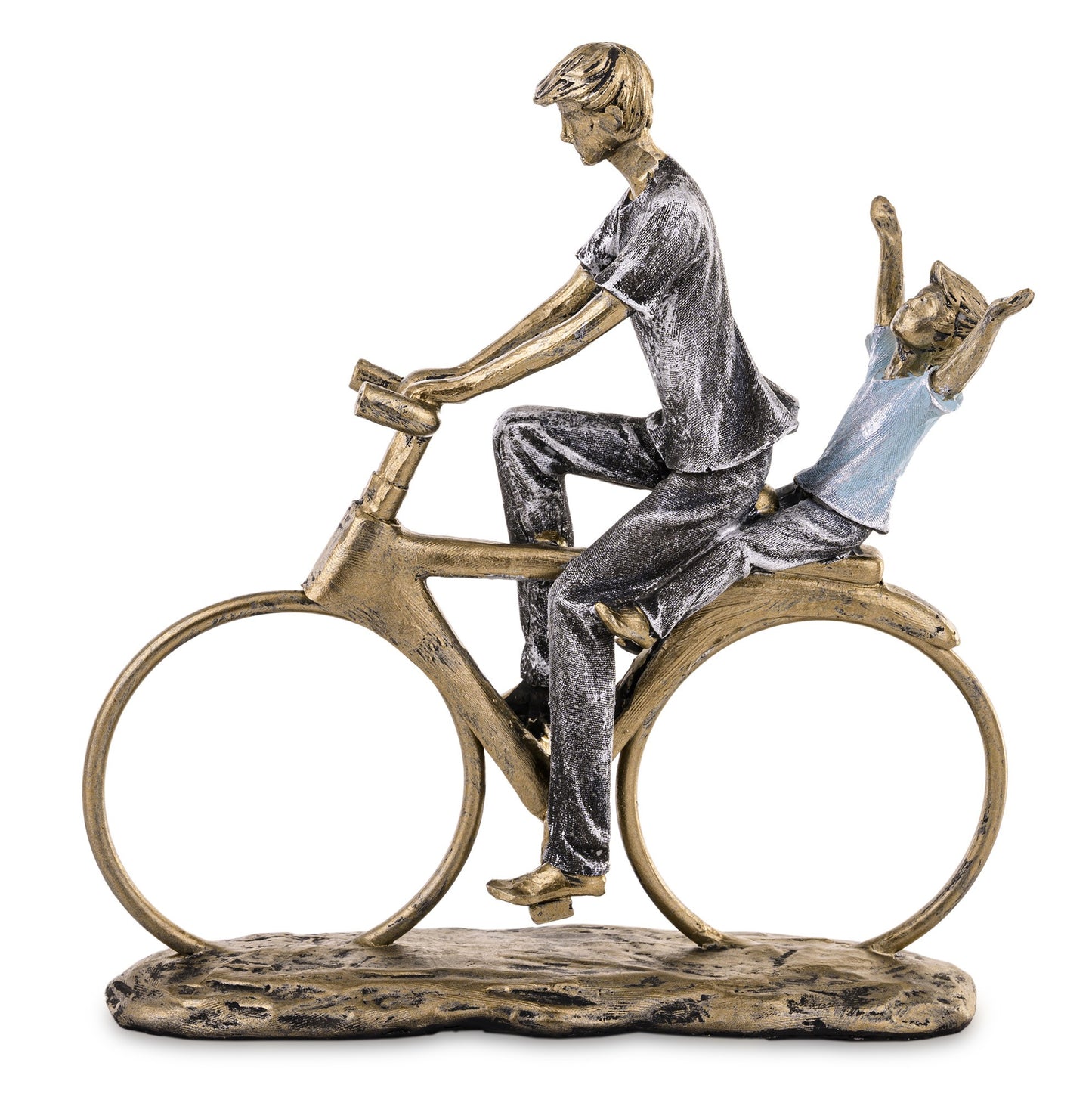 Figurină tata cu băiatul pe bicicletă din rășină, dimensiuni 25x24x7 cm, potrivită pentru un cadou emoționant sau decor acasă.