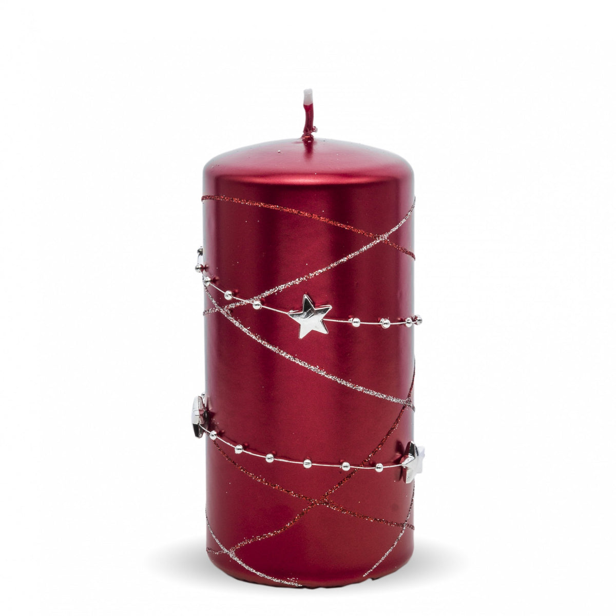 Lumânare roșie cu stele, obiect decorativ pentru decor elegant și mese festive, prezentat ca accent pentru locuință