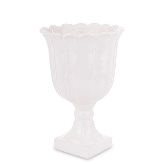 Vază albă ceramică cu picior 36x23x23 cm, decor elegant pentru living, suport flori mari și cadou deosebit