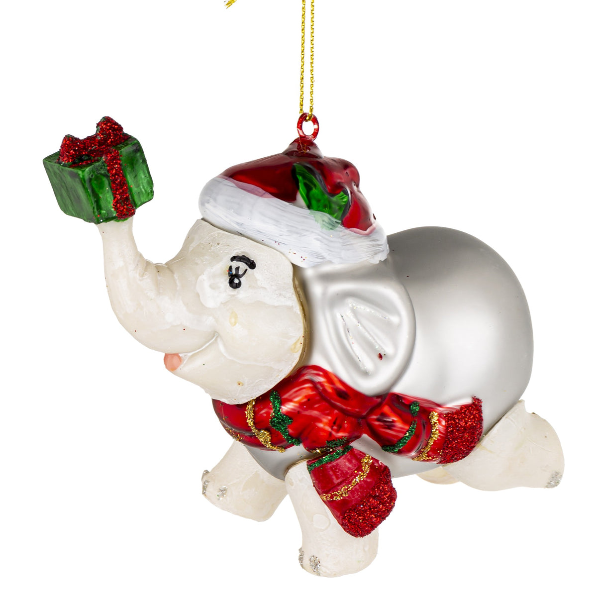 Figurină decorativă glob de Crăciun cu elefant, simbol al norocului și protecției în perioada sărbătorilor. Este ideală pentru bradul de Crăciun sau decor festiv interior. Adaugă un accent jucăuș și elegant în decorul de iarnă.