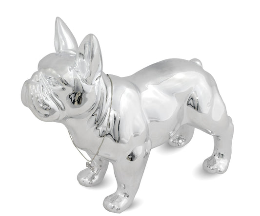 Buldog argintiu din ceramică, dimensiuni 32x15x29 cm, ideal pentru un cadou elegant sau pentru decorul casei tale.