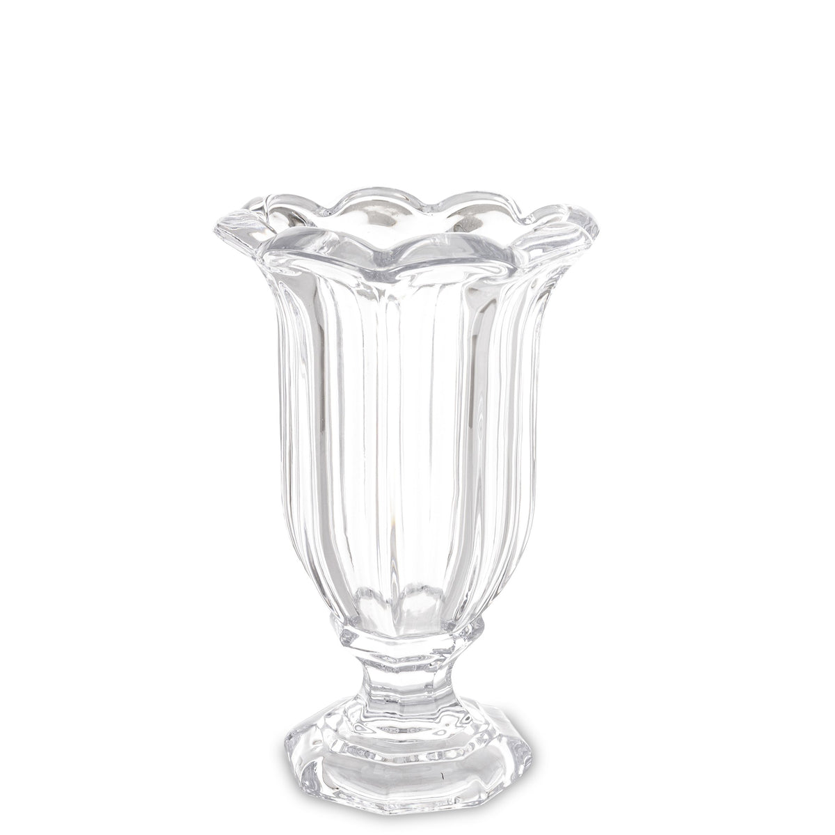 Vază decorativă din sticlă masivă cu picior transparent, ideală pentru aranjamente florale spectaculoase sau decor minimalist elegant. Se potrivește perfect în living modern, dining sau spații luminoase. O piesă versatilă și rafinată pentru orice tip de interior.
