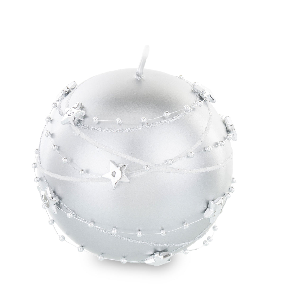 Lumânare rotundă argintie cu stele, obiect decorativ pentru decor elegant și mese festive, prezentat ca accent pentru locuință