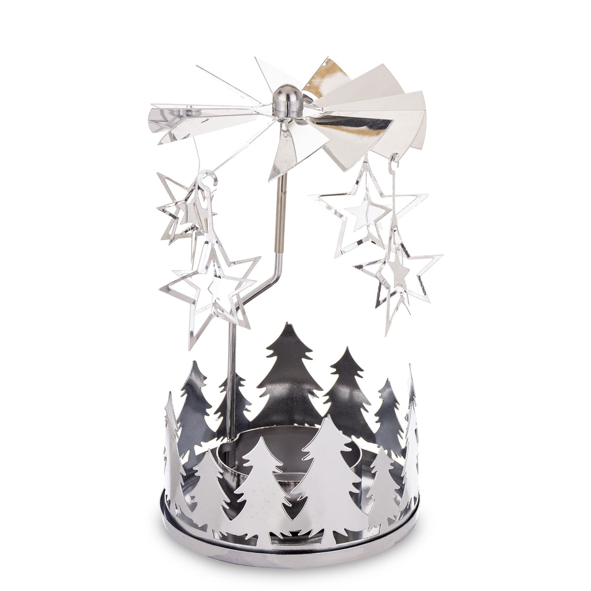 Carusel rotativ pentru lumânare argintiu, obiect decorativ pentru decor elegant și mese festive, prezentat ca accent pentru locuință