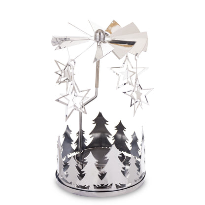 Carusel rotativ pentru lumânare argintiu, obiect decorativ pentru decor elegant și mese festive, prezentat ca accent pentru locuință