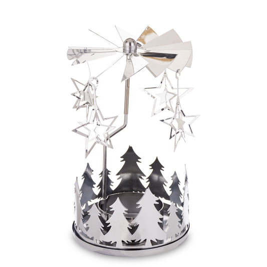 Carusel rotativ pentru lumânare argintiu, obiect decorativ pentru decor elegant și mese festive, prezentat ca accent pentru locuință