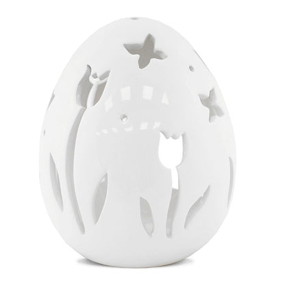 Ou decorativ din ceramică albă cu flori, ideal pentru Paște și decor de primăvară. Este o piesă delicată și elegantă, perfectă pentru mese festive sau vitrine decorative. Adaugă un aer proaspăt și rafinat în orice spațiu.