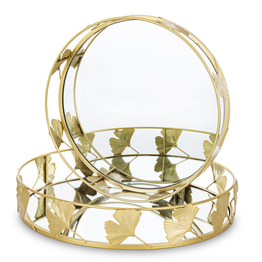 Tavă ginko mică cu oglindă, 33x33x7 cm, din metal și sticlă, cu detalii elegante, ideală pentru decorul mesei sau livingului.