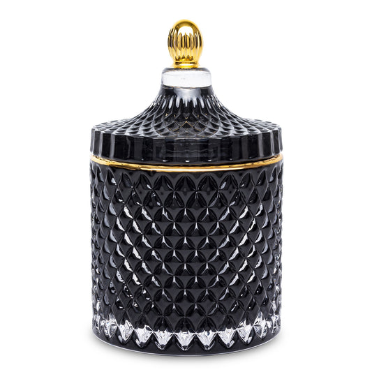 Bombonieră sticlă neagră cu auriu 17,5x10,5x10,5 cm, cadou elegant și decorativ, mentha - flori, cadouri și decorațiuni