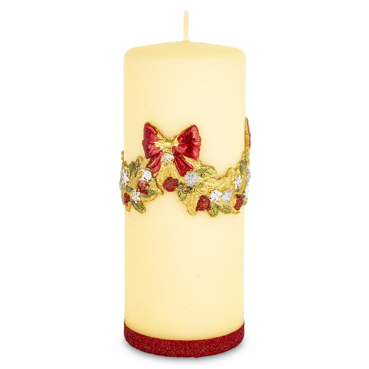 Lumânare decorativă crem de Crăciun cu pietre și sclipici, ideală pentru un decor festiv elegant, cald și rafinat. Creează o atmosferă liniștită și luxoasă în perioada sărbătorilor. Perfectă pentru masa de Crăciun, living sau cadouri premium de sezon.
