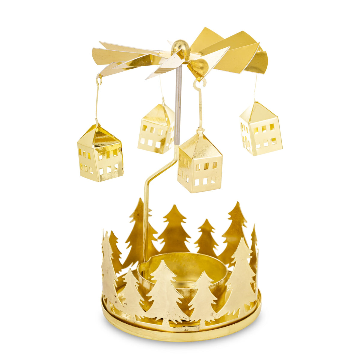 Carusel rotativ pentru lumânare auriu, obiect decorativ pentru decor elegant și mese festive, prezentat ca accent pentru locuință