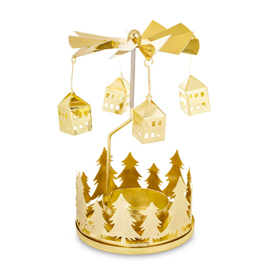 Carusel rotativ pentru lumânare auriu, obiect decorativ pentru decor elegant și mese festive, prezentat ca accent pentru locuință