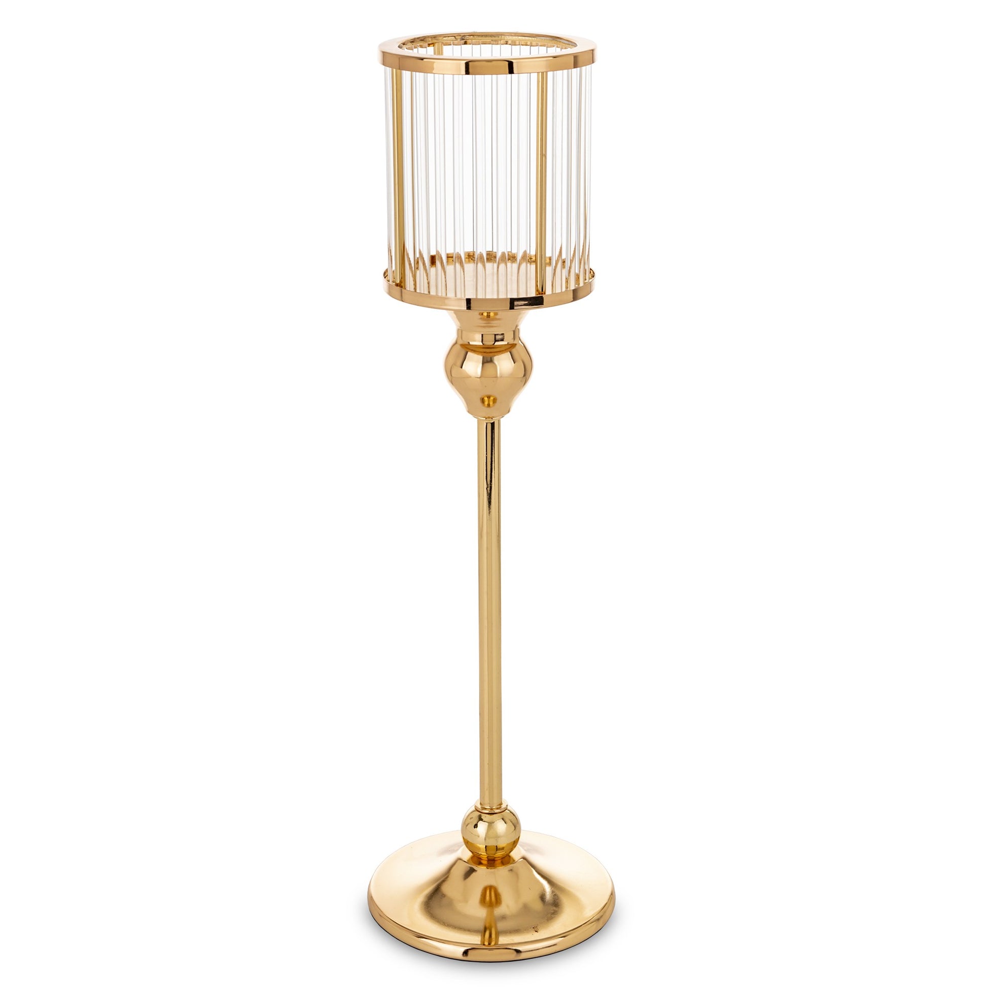 Sfeșnic decorativ mare, auriu cu detalii transparente, 36x10x10 cm, realizat din metal și sticlă, ideal pentru decor elegant și cadouri