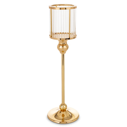 Sfeșnic decorativ mare, auriu cu detalii transparente, 36x10x10 cm, realizat din metal și sticlă, ideal pentru decor elegant și cadouri