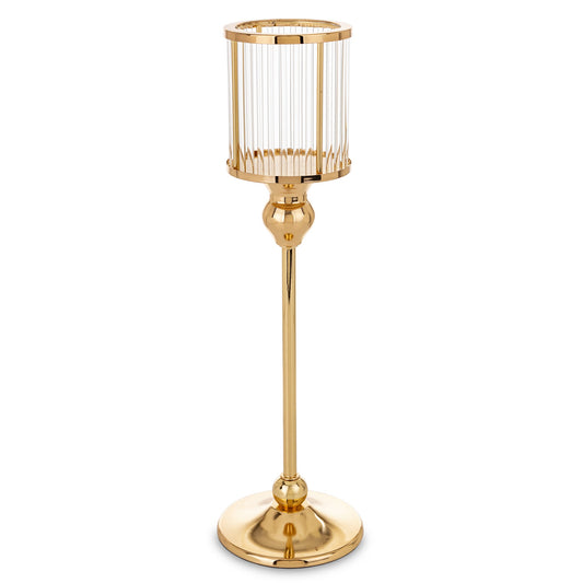 Sfeșnic decorativ mare, auriu cu detalii transparente, 36x10x10 cm, realizat din metal și sticlă, ideal pentru decor elegant și cadouri