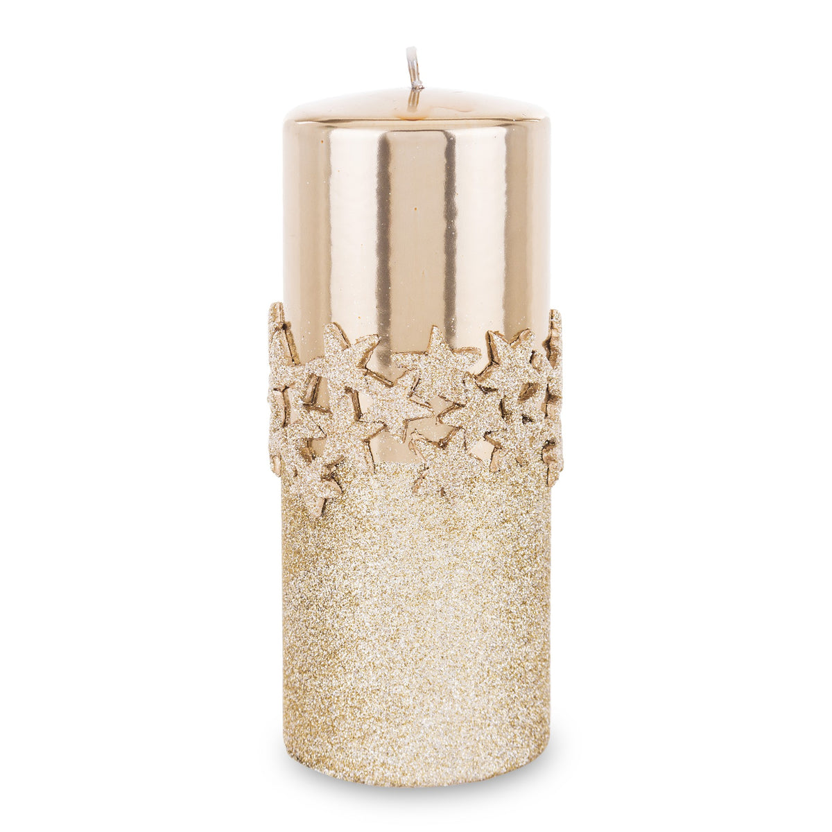 Lumânare mare aurie cu stele și sclipici, obiect decorativ pentru decor elegant și mese festive, prezentat ca accent pentru locuință