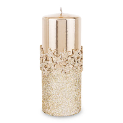 Lumânare mare aurie cu stele și sclipici, obiect decorativ pentru decor elegant și mese festive, prezentat ca accent pentru locuință