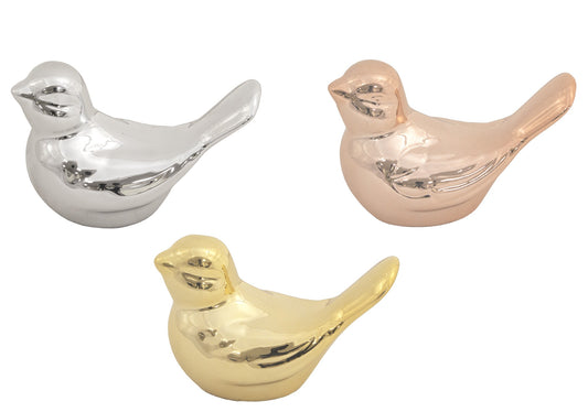Figurină mini pasăre ceramică argintie 4x4,5x8 cm, decor delicat și cadou rafinat