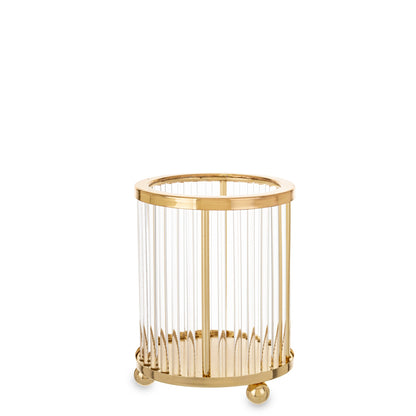 Sfeșnic auriu mic cu detalii transparente, 10x8x8 cm, metal și sticlă, decor elegant și compact pentru interior
