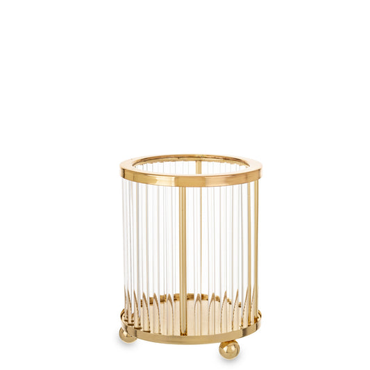 Sfeșnic auriu mic cu detalii transparente, 10x8x8 cm, metal și sticlă, decor elegant și compact pentru interior